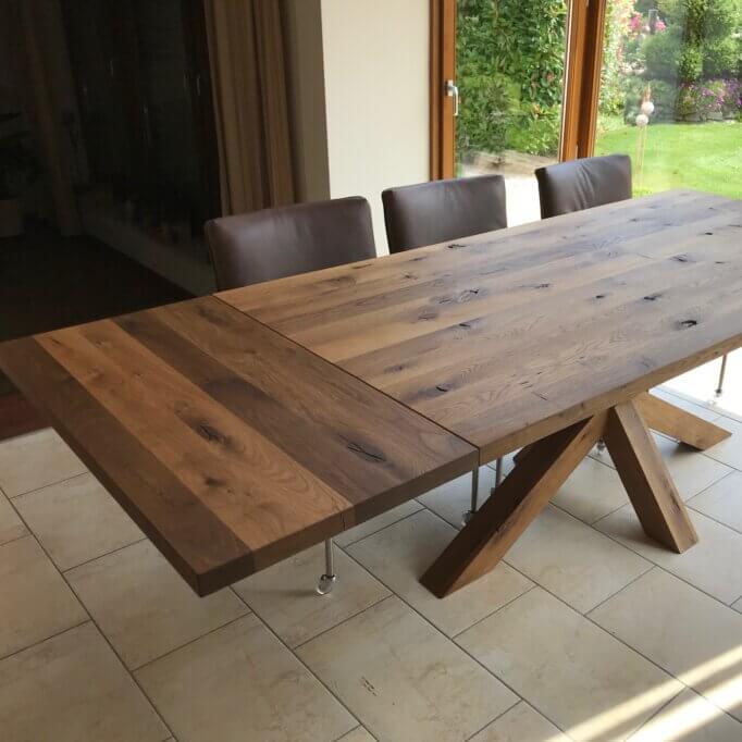 Rechteckiger Eichen Esstisch / Eichen Spinnenbein 10x10 mit Verlängerungsplatte für Sessel