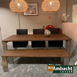 RVS 12×4 / eiken eettafel + eetkamerbank